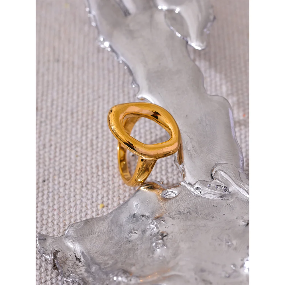 Creative Stainless Steel Geometric Hollow Golden Minimalist Ring Fashion Waterproof Unusual Trendy Textured Jewelry