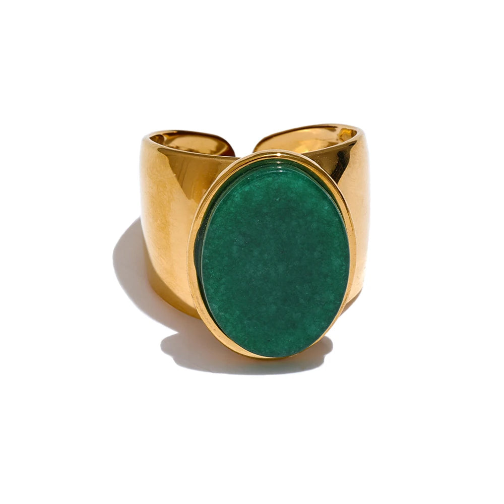 PVD Plated Stone Stainless Steel Gold Color Wide Ring Summer Trendy Fashion Jewelry Accessories Bijoux