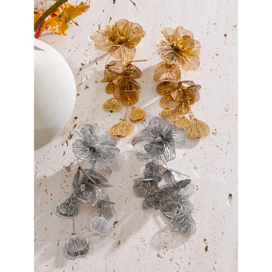 Stainless Steel Big Flower Tassel Drop Dangle Exaggerated Earrings Metal Fashion Eye-Catching Party Jewelry Hypoallergenic