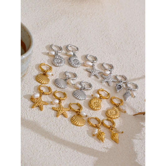 Ocean Style Natural Pearl Conch Shell Starfish Drop Summer Hoop Earrings for Women Stainless Steel Holiday Daily Jewelry