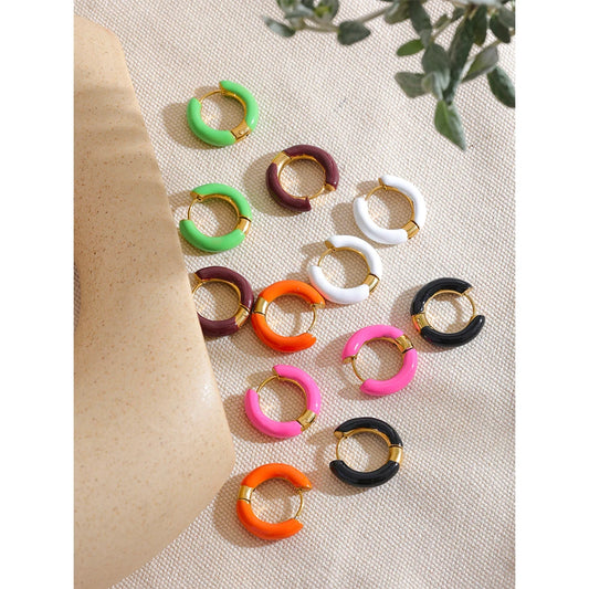 20mm Trendy Orange Green Enamel Stainless Steel Round Hoop Huggie Earrings Waterproof Charm Fashion Daily Jewelry Women