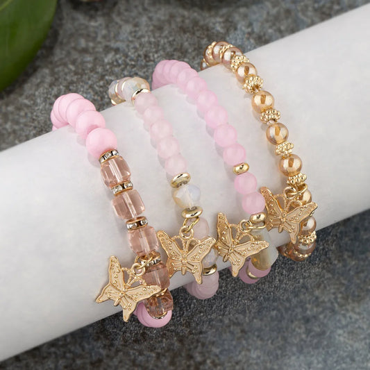 Trendy Butterfly Beaded Bracelet Set For Women Pink Acrylic Beads Elastic Chain Bangle Female Bohemian Party Jewelry Gift