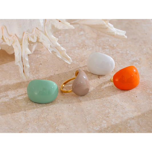 Stainless Steel Fashion Joyful Candy Multi-Color Khaki Orange Blue White Enamel Ring Waterproof Adjustable Charm Jewelry