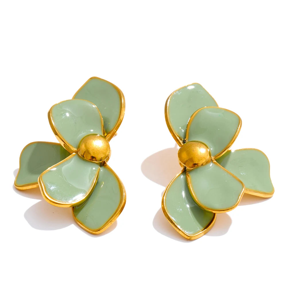 Green Pink Enamel Petal Flower Stud Earrings for Women Stainless Steel Exquisite Spring Summer Daily Trending Jewelry