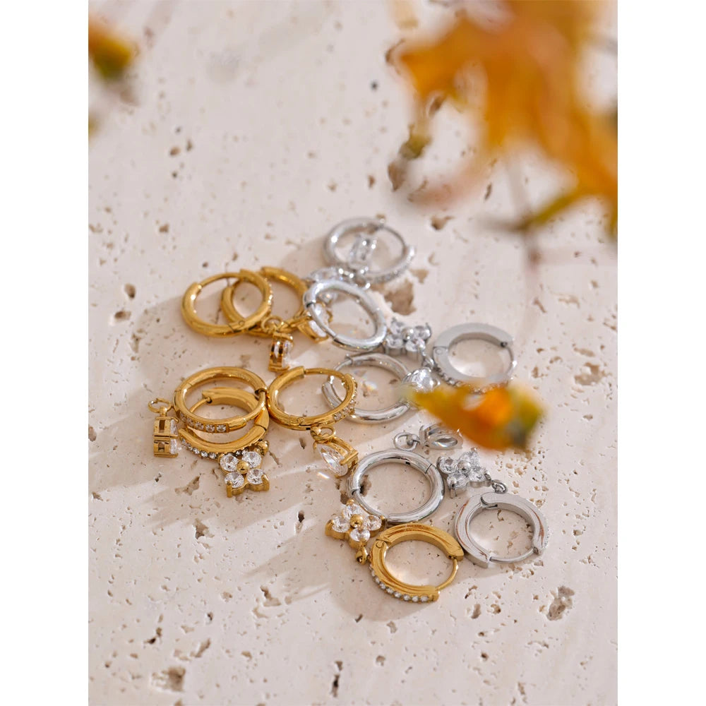 Delicate Cubic Zirconia Heart Water Drop Flower Drop Hoop Earrings Stainless Steel Premium Daily Jewelry 2025