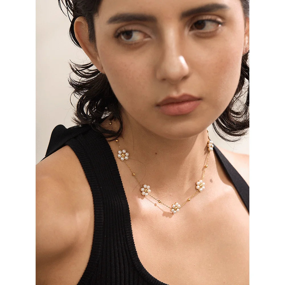 Fashion Imitation Pearls Handmade Flower Beads Chain Necklace Women 18K Gold Color PVD Stainless Steel Jewelry Waterproof
