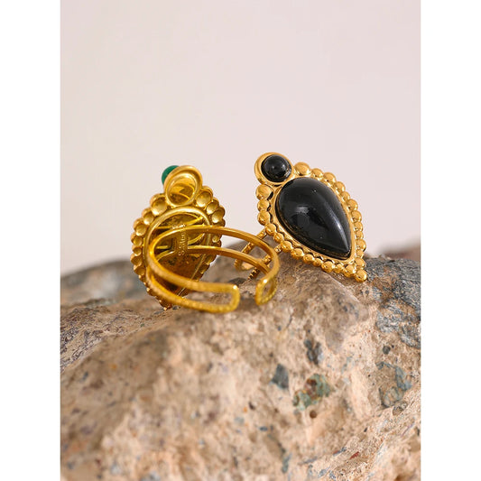 Vintage Natural Stone Artificial Agate Stainless Steel Metal Open Ring 18K Gold Plated Waterproof Fashion Jewelry Women