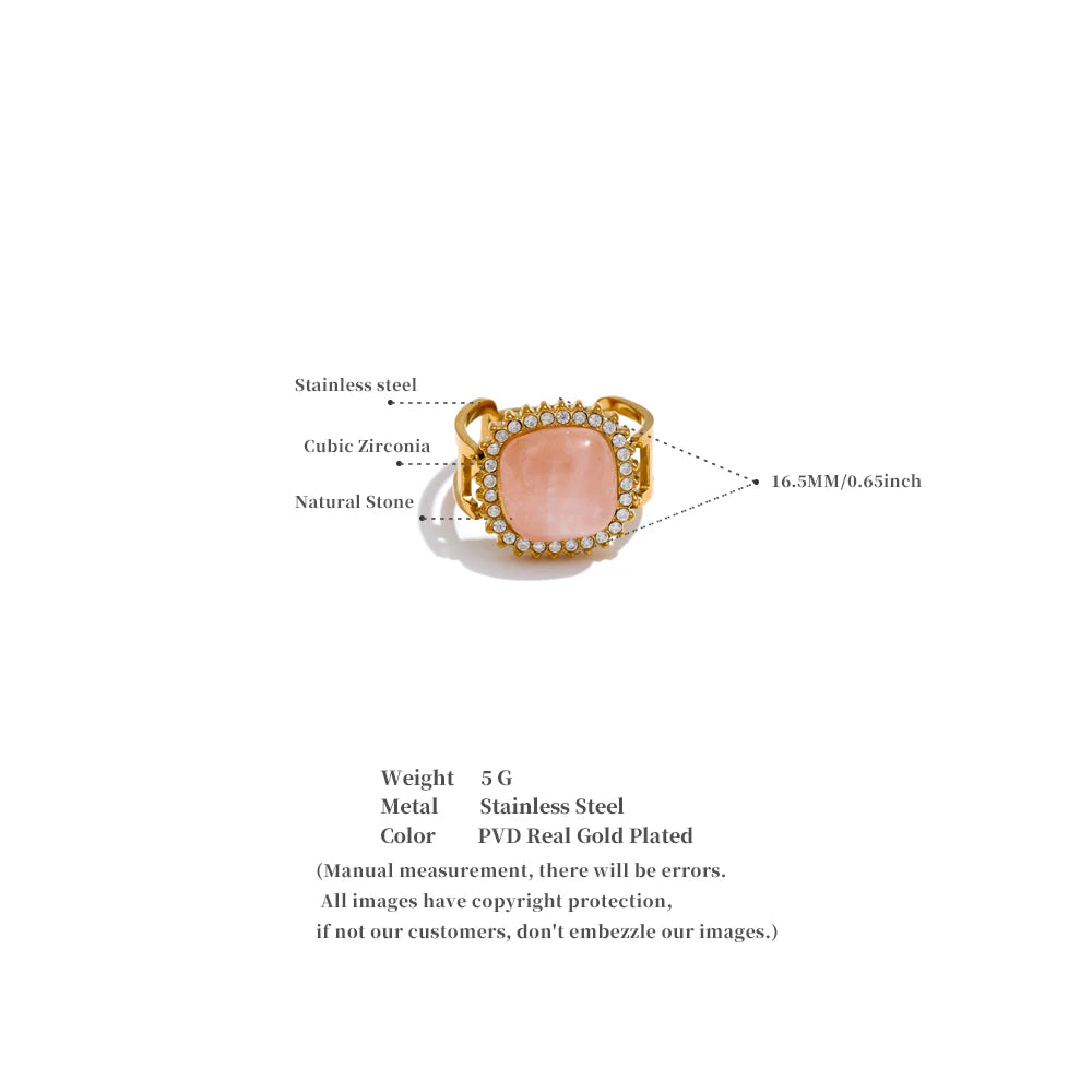 Natural Pink Crystal Stone Malachite Zircon Square Open Ring for Women Stainless Steel High Quality Finger Jewelry Gift