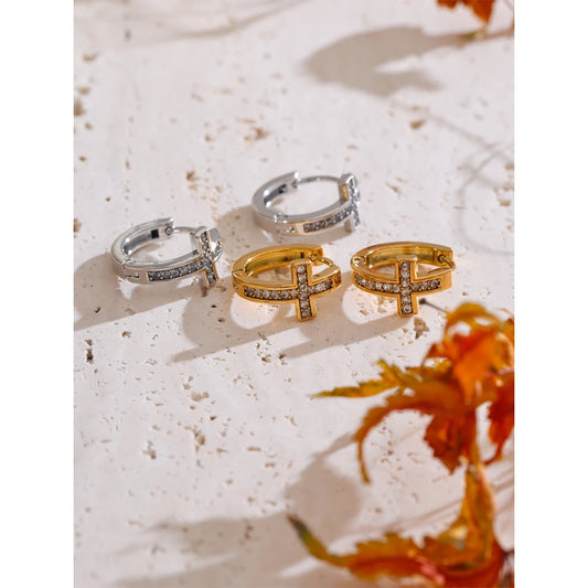 High Quality Cubic Zirconia Cross Hoop Earrings Versatile Daily Stainless Steel Arrivals Charm Jewelry Gift