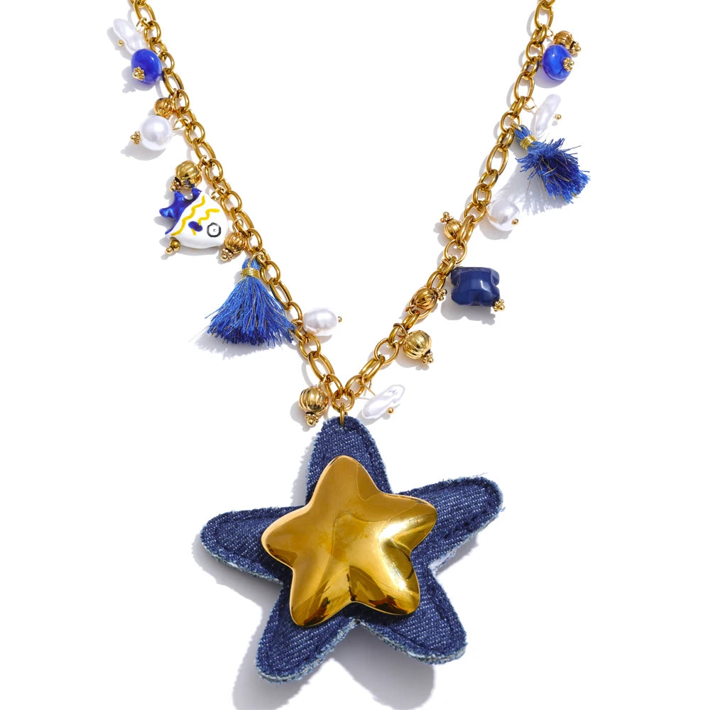 Exclusive Design Blue Denim Heart Star Animal Pendant Necklace Bracelet Bangle Popular Charm Jewelry Autumn & Winter New