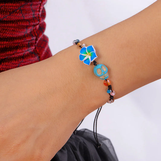 Fashion Halloween Handmade Braided Bracelet for Women Pumpkin Skeleton Skull Big Flower Beaded Bangles Festival Party Jewelry