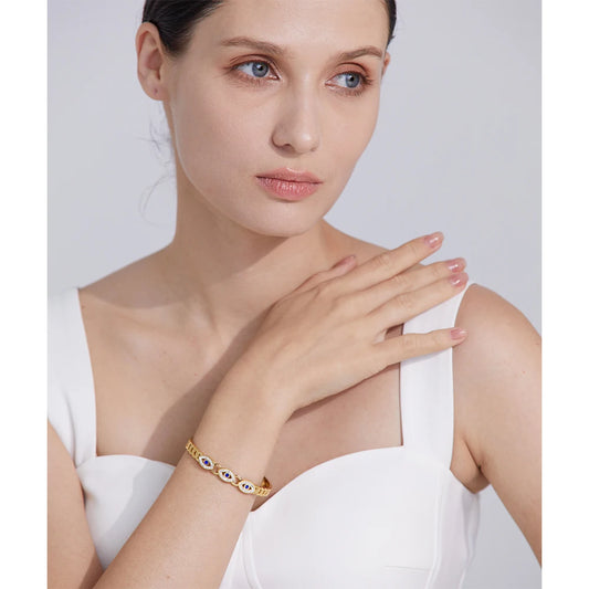 Charm Turkish Evil Eye Stainless Steel Statement Bangle Bracelet Trendy Fashion Zircon Waterproof Gold Color Jewelry