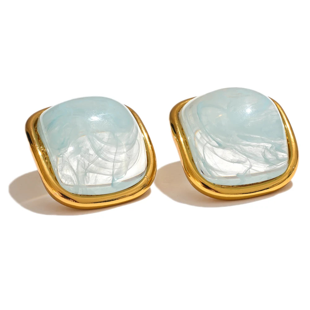 Y2K Colorful Resin Square Golden Stud Earrings Women Summer Stainless Steel 18k Plated Candy Charm Jewelry Waterproof