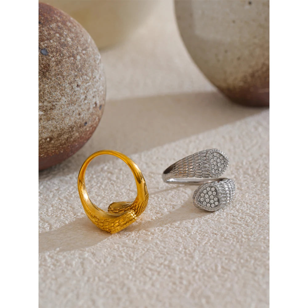 Stylish Adjustable Stainless Steel Zirconia Heart Snake Ring for Women 18K PVD Plated Jewelry New