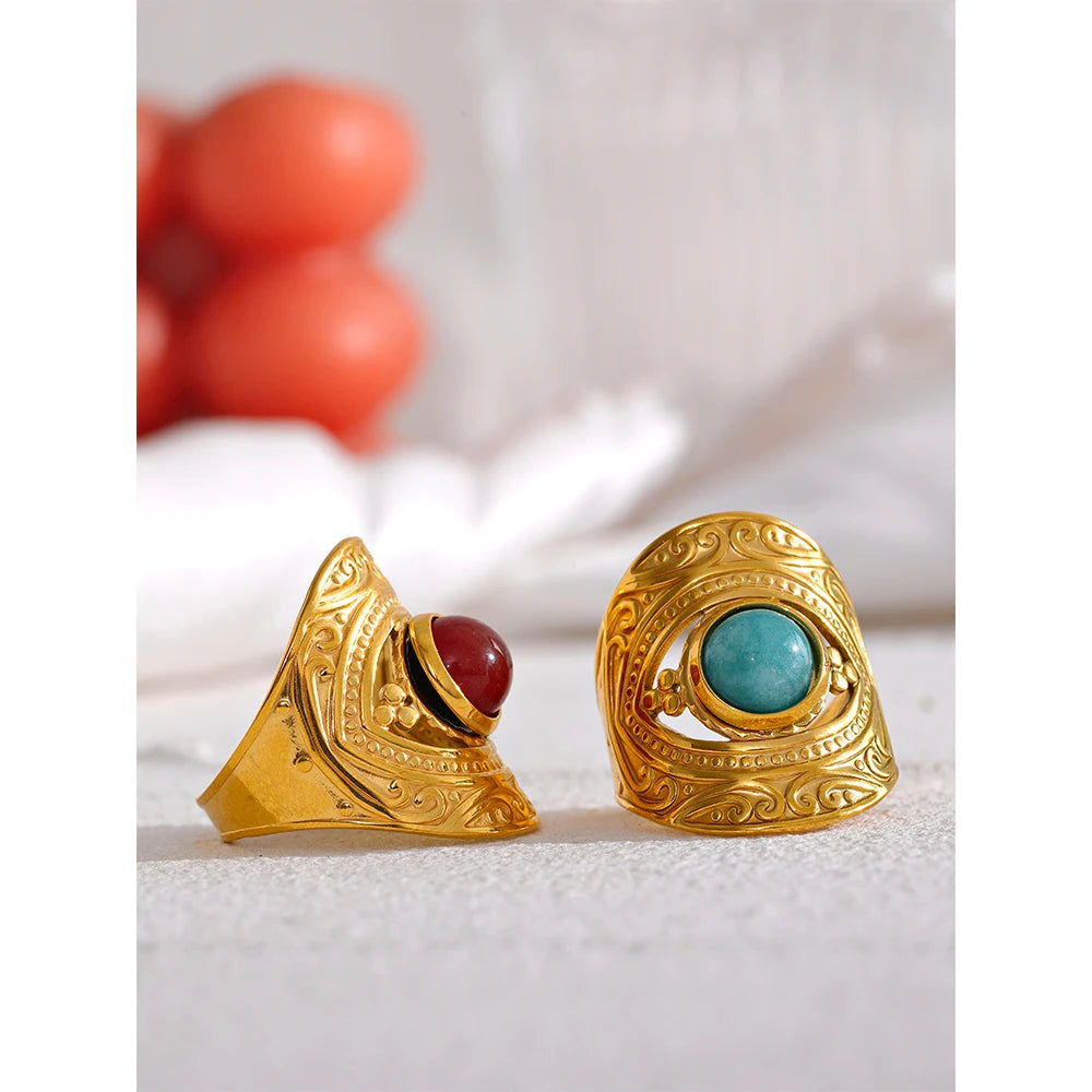 Vintage Red Blue Natural Stone Stainless Steel Open Ring Fashion Trendy Jewelry for Women