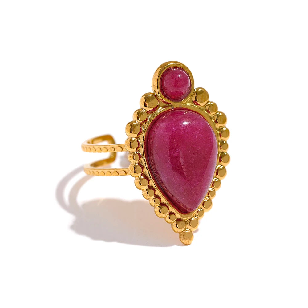 Vintage Natural Stone Artificial Agate Stainless Steel Metal Open Ring 18K Gold Plated Waterproof Fashion Jewelry Women