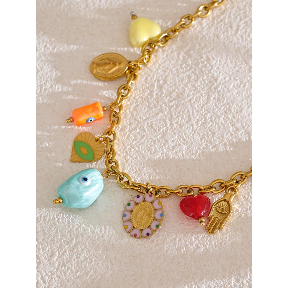 Trendy Stainless Steel Ceramic Eye Heart Charms Pendant Drop Necklace Golden PVD Plated Fashion Collar Charm Jewelry Gift