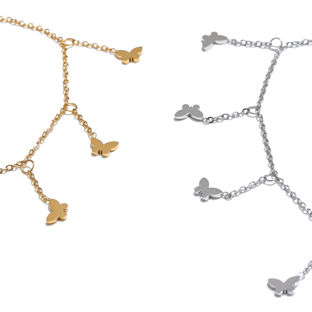 Trendy Stainless Steel Butterfly Chain Drop Foot Anklet for Women 18K PVD Plated Summer Beach Charm Jewelry Accessories