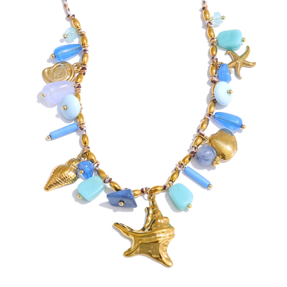 Ocean Style Handmade Jewelry Exquisite Blue Resin Metal Starfish Shell Drop Collar Necklace Stainless Steel Accessories