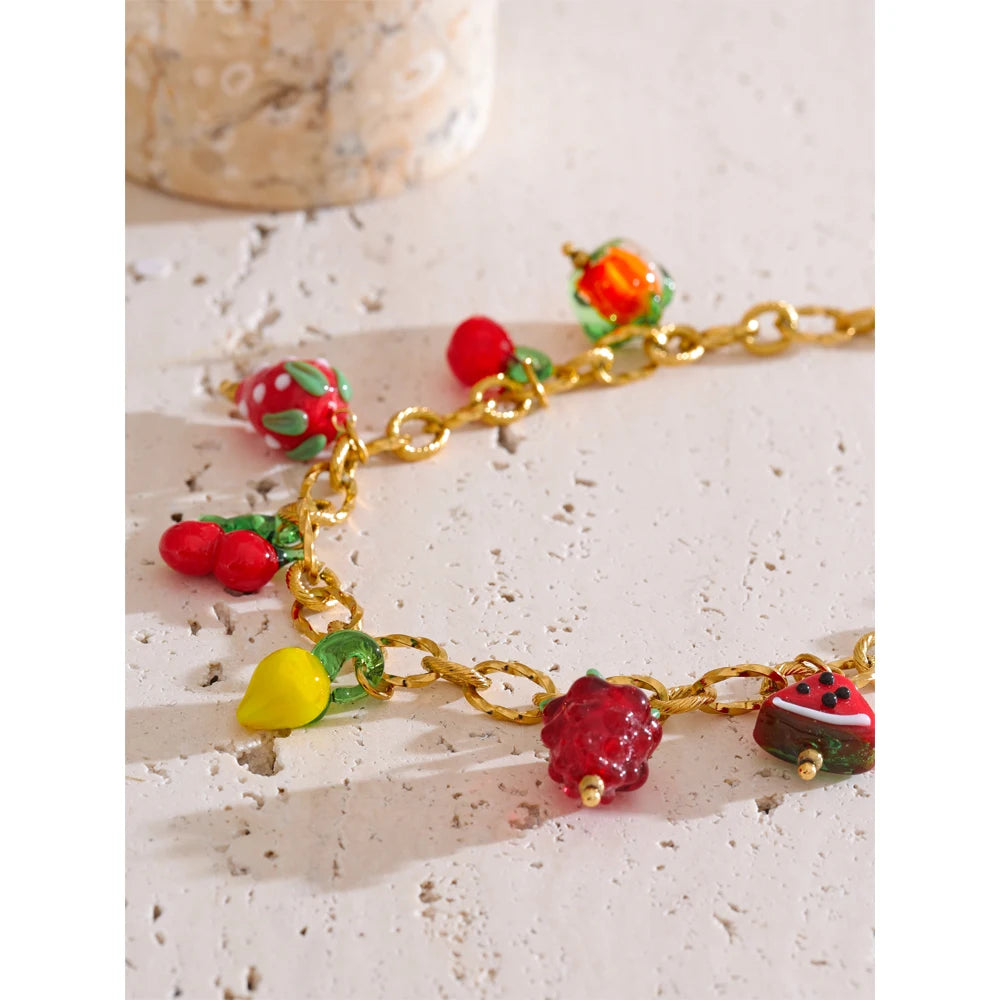 Sweet Spring Summer Colored Glaze Fruit Charm Pendant Necklace Gold Color Stainless Steel Trendy Jewelry for Girls Ladies