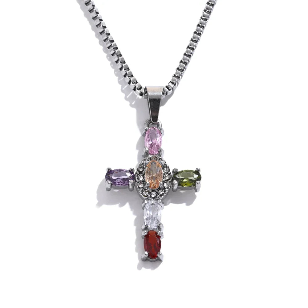 Delicate Colorful Bling Cubic Zirconia Cross Pendant Stainless Steel Luxury Necklace High-Grade Fashion Shiny Jewelry Gift