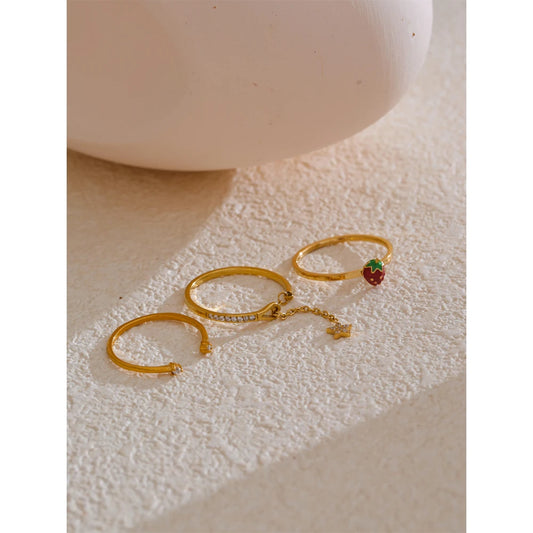 Delicate Stainless Steel Strawberry Geometric Adjustable Open Thin Ring Trendy Fashion Jewelry Water Resistant