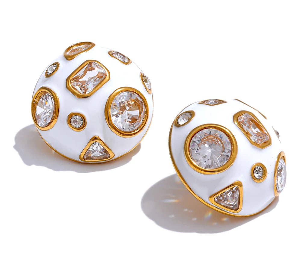 Stainless Steel White Enamel inlaid Cubic Zirconia Charm Stud Earrings for Women Fashion Waterproof Jewelry