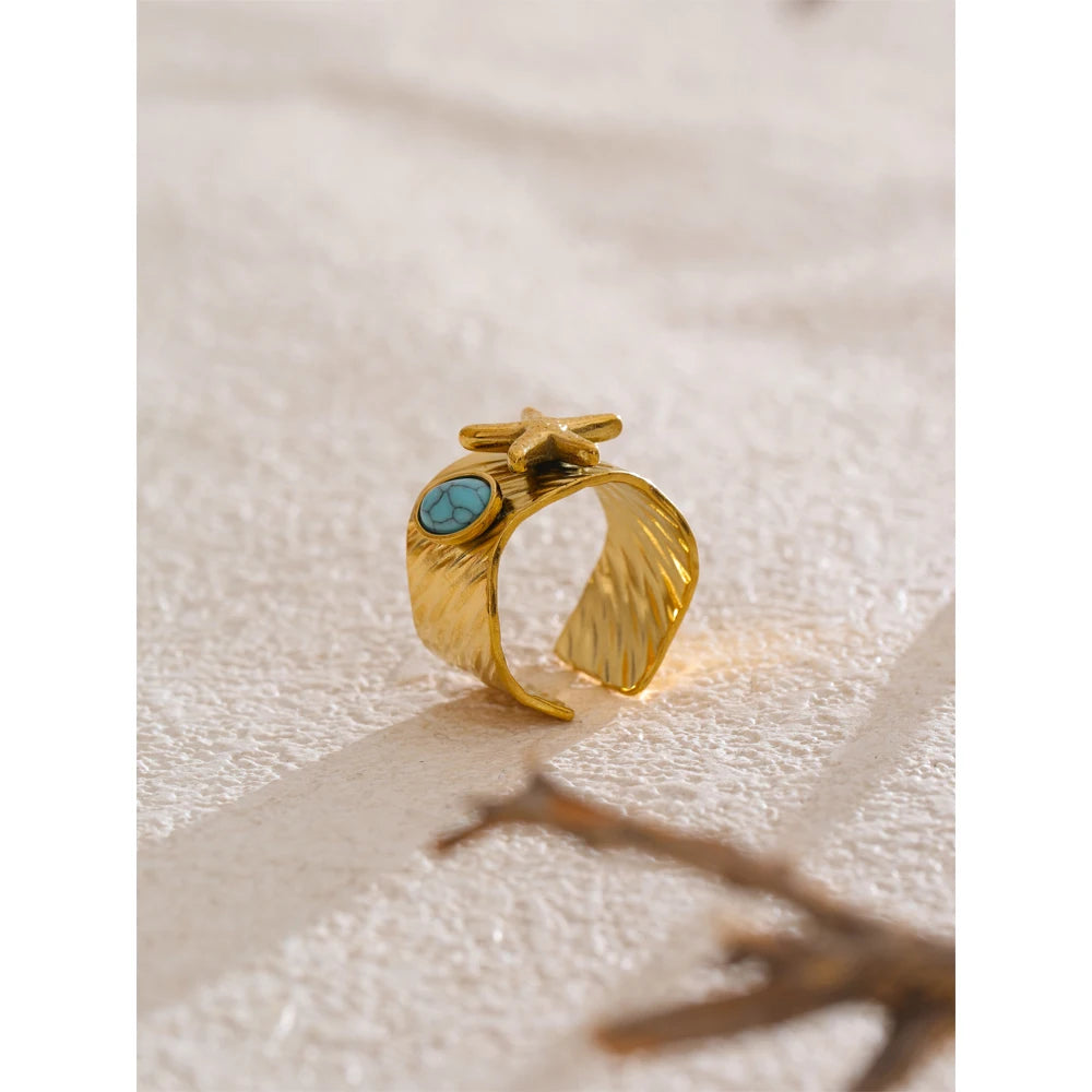 Ocean Style Blue Turquoise Starfish Open Ring 18K Golden PVD Plated Stainless Steel Summer Trending Jewelry Vintage