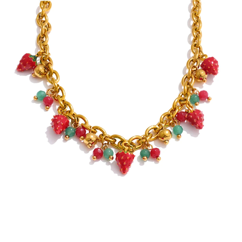 Trendy Stainless Steel Red Enamel Stone Strawberry Drop Charms Necklace Bracelet Hot Style Golden Plated Handmade Jewelry