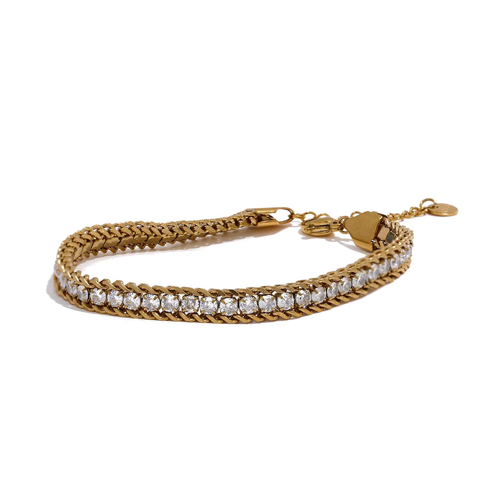 Shiny Cubic Zirconia Stainless Steel Chain Gold Color PVD Plated Bracelet Bangle for Women High Quality Jewelry Waterproof