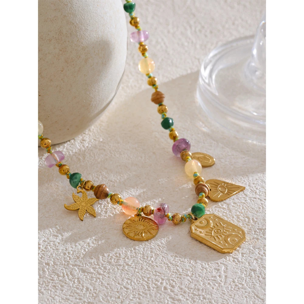 Arrivals Handmade Jewelry Colorful Natural Stone Chain Flower Eye Square Drop Necklace Stainless Steel Waterproof Necklace