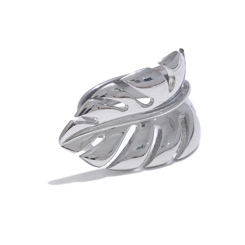 Stylish Design Stainless Steel Metal Leaf Leaves Open Ring Rust Proof Individualistic Fashion Jewelry Water Resistant Gift