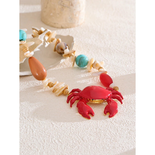 2025 New Handmade Ocean Style Shell Resin Stone Red Crab Pendant Necklace Summer Beads Statement Charm Jewelry