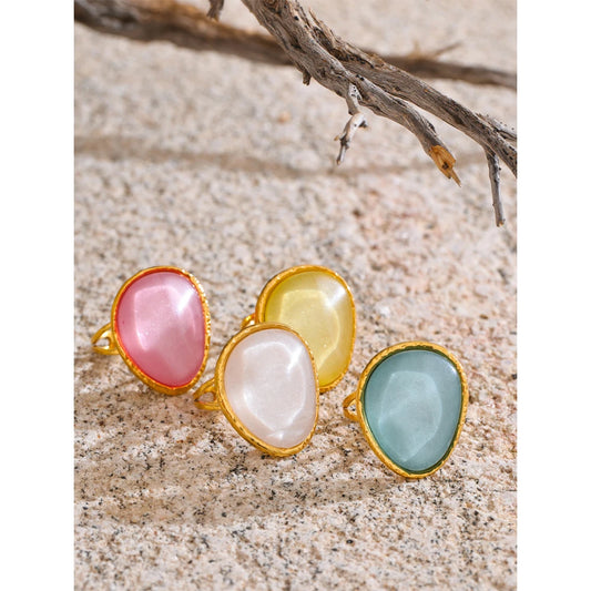 Exquisite Candy Multi-Color White Pink Blue Yellow Resin Adjustable Ring Gold Color Stainless Steel Summer Jewelry Gift