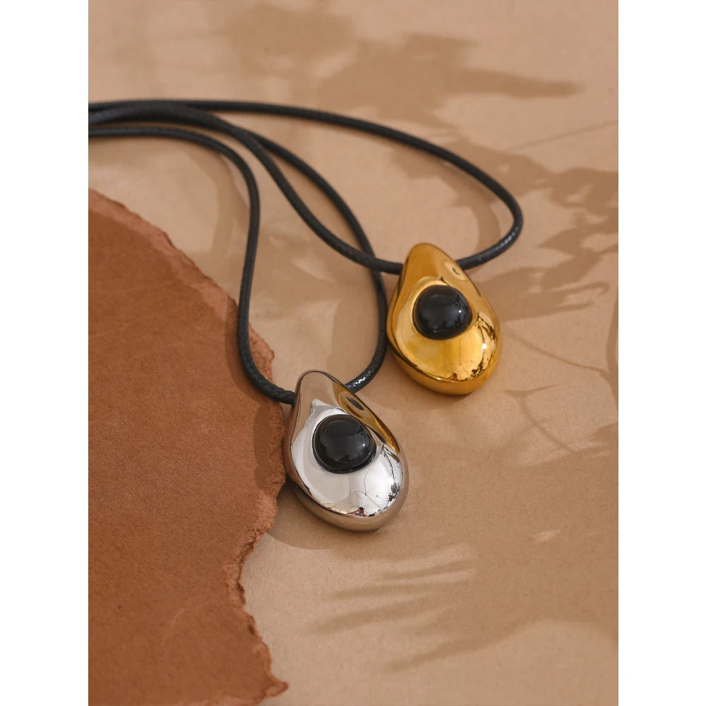 Stainless Steel Water Drop Agate Stone Pendant PU Leather Necklace for Women Statement Fashion Jewelry Accessories New
