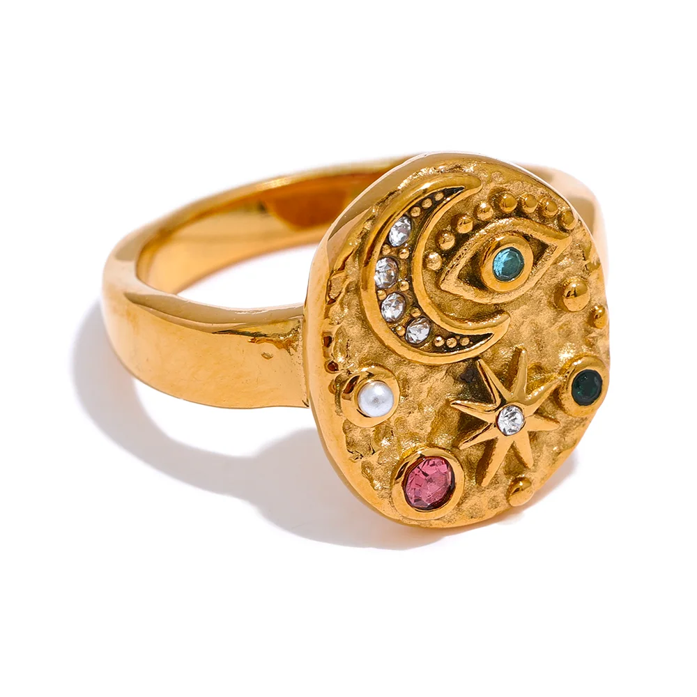 Stainless Steel Star Moon Eye Charms Ring Colorful CZ Zirconia 18K Gold Color High Quality Celestial Jewelry Women Gala