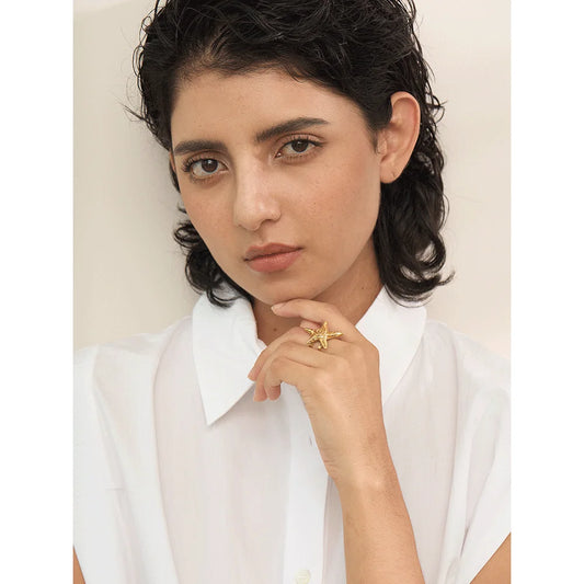 316L Stainless Steel Starfish Open Ring Adjustable 18K Gold PVD Plated Metal Summer Personalized Jewelry for Holiday