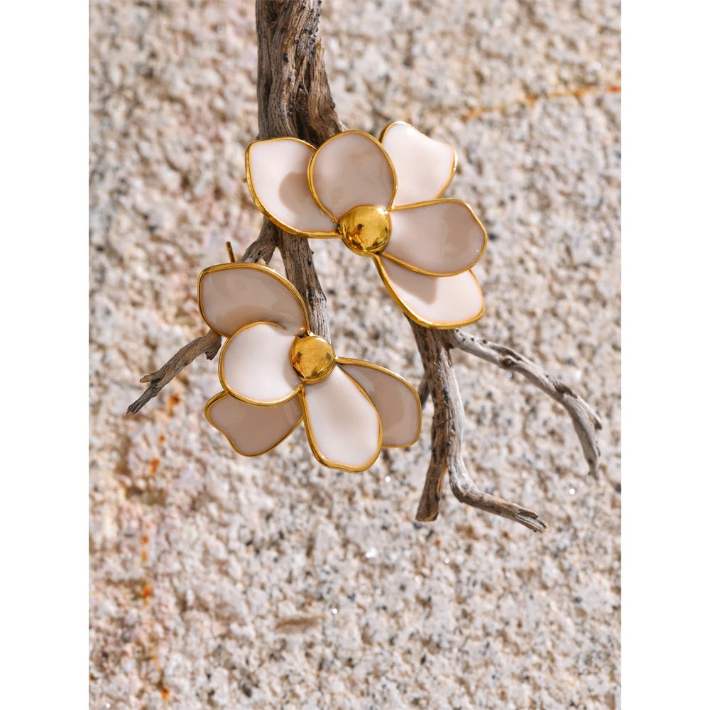 Green Pink Enamel Petal Flower Stud Earrings for Women Stainless Steel Exquisite Spring Summer Daily Trending Jewelry