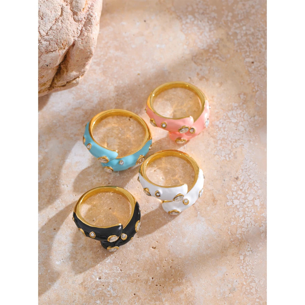Adjustable Candy Y2K Blue White Black Pink Enamel Cubic Zirconia Exquisite Open Ring Golden Stainless Steel Jewelry Gift