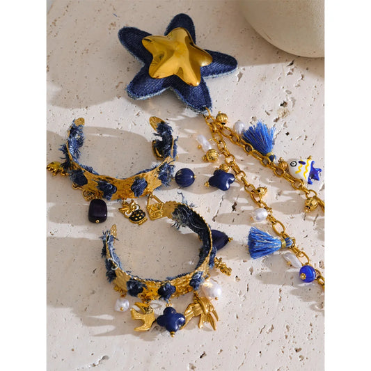 Exclusive Design Blue Denim Heart Star Animal Pendant Necklace Bracelet Bangle Popular Charm Jewelry Autumn & Winter New