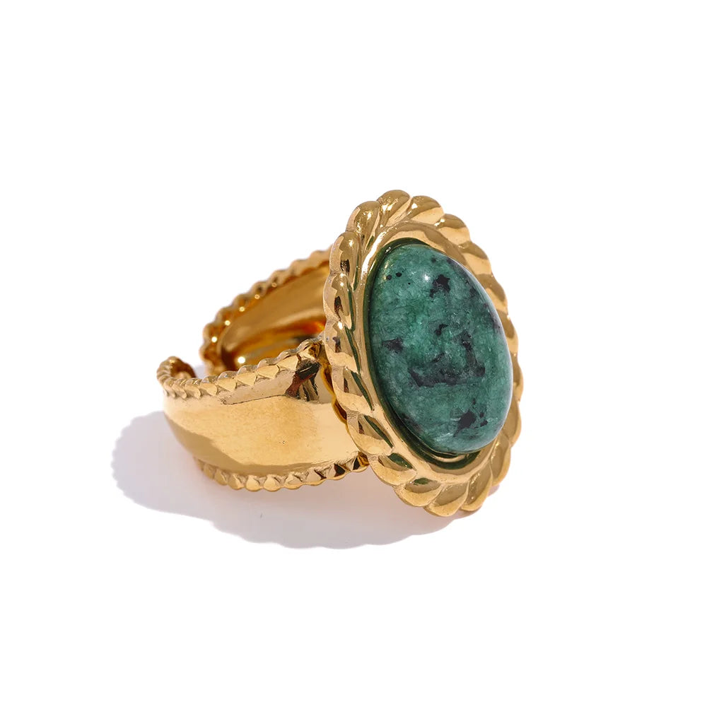 Stainless Steel Wide Chunky Ring Inlaid Tiger Natural Stone Jewelry Trend Europe Bijoux Vintage Stylish Statement