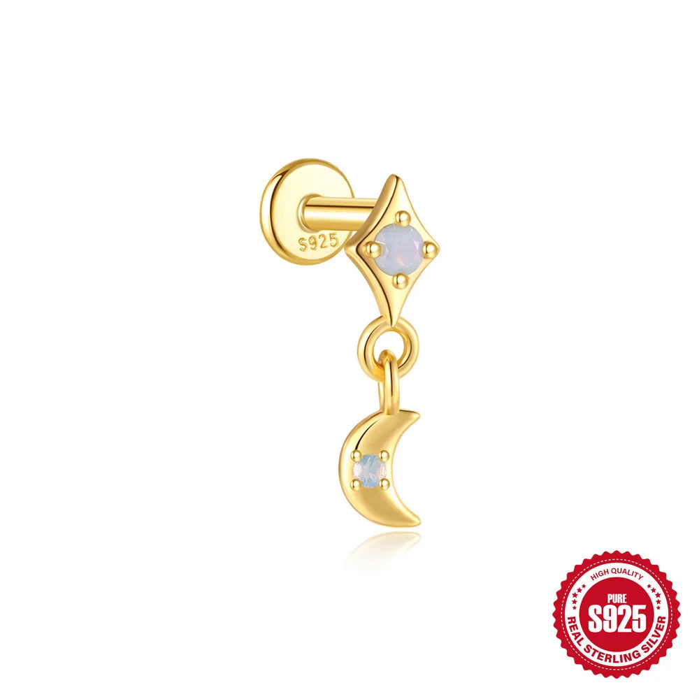 CANNER 1Pc 925 Silver Smooth Stars Moon Stud Earrings For Women 18K Gold Flat Head Threaded Puncture Ear Bone Ins Fine Jewelry