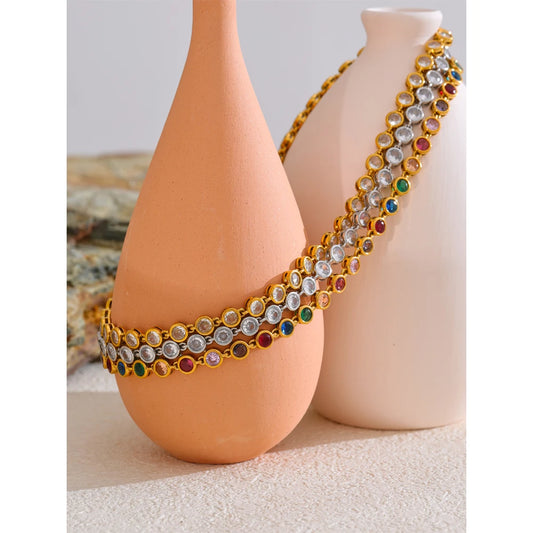 Exquisite Colorful Cubic Zirconia Luxury Cast Chain Necklace Bracelet for Women Stainless Steel Waterproof Jewelry Gift