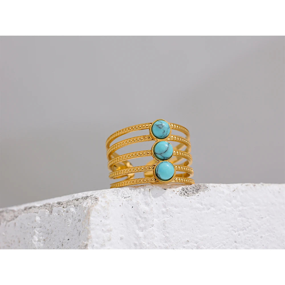 Natural Turquoise Stone Stainless Steel Ring Summer Bohemia Woman Jewelry Trendy Cheap Open Finger Ring Accessory