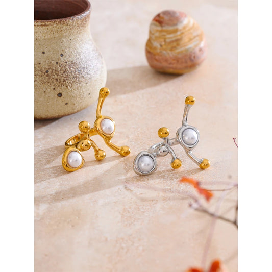 Stylish Unique Design Pearls Geometric Adjustable Ring Personalized Stainless Steel Trending Finger Jewelry 2025