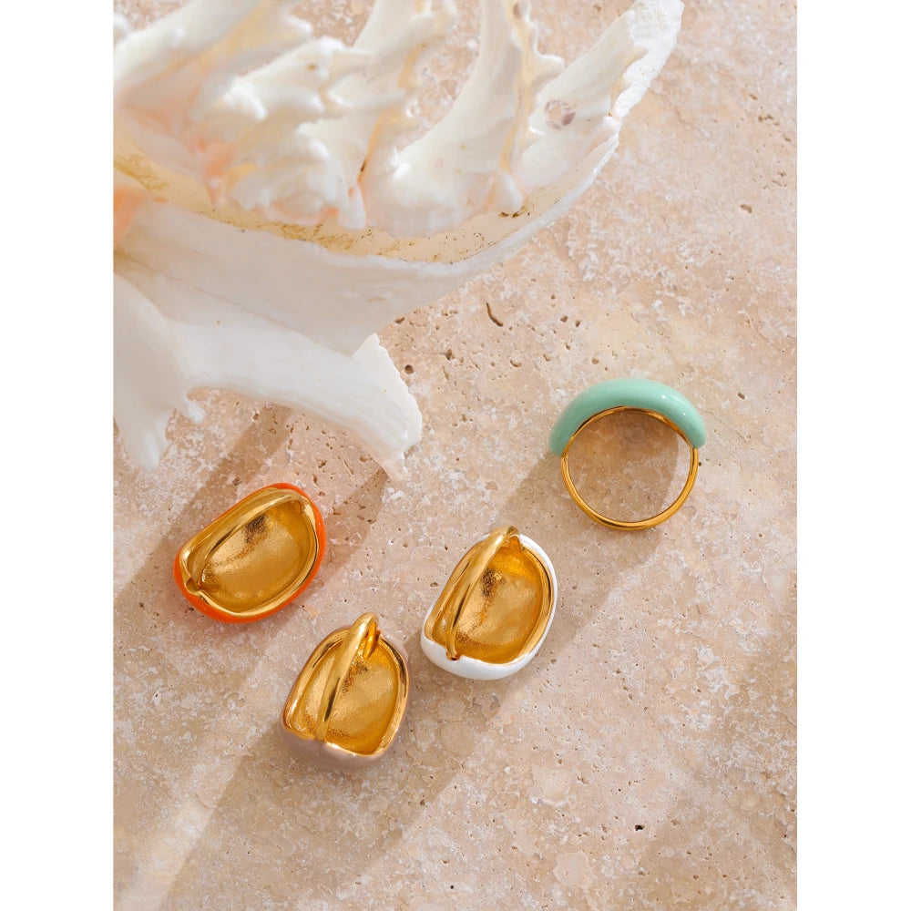 Stainless Steel Fashion Joyful Candy Multi-Color Khaki Orange Blue White Enamel Ring Waterproof Adjustable Charm Jewelry
