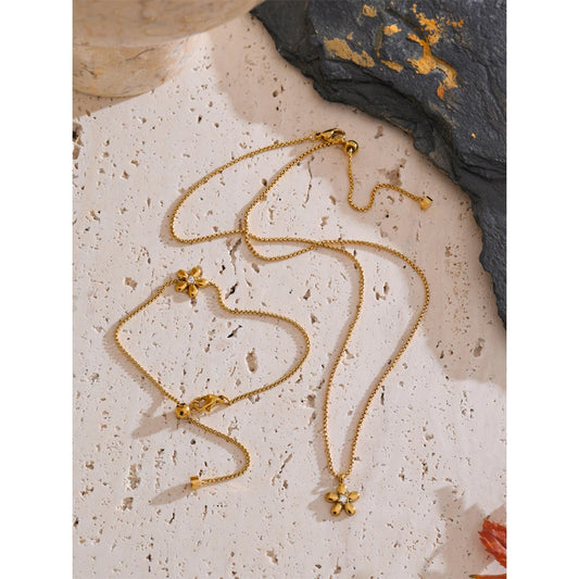 Hot Style Stainless Steel Zirconia Flower Pendant Necklace Bracelet Bangle Earrings 18K Plated Golden Versatile Jewelry