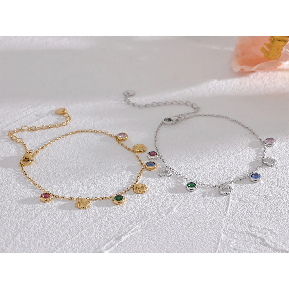 Colorful Shiny Cubic Zirconia Shell Stainless Steel Summer Anklet Fashion Trendy Foot Chain Jewelry for Women Bijoux Femme
