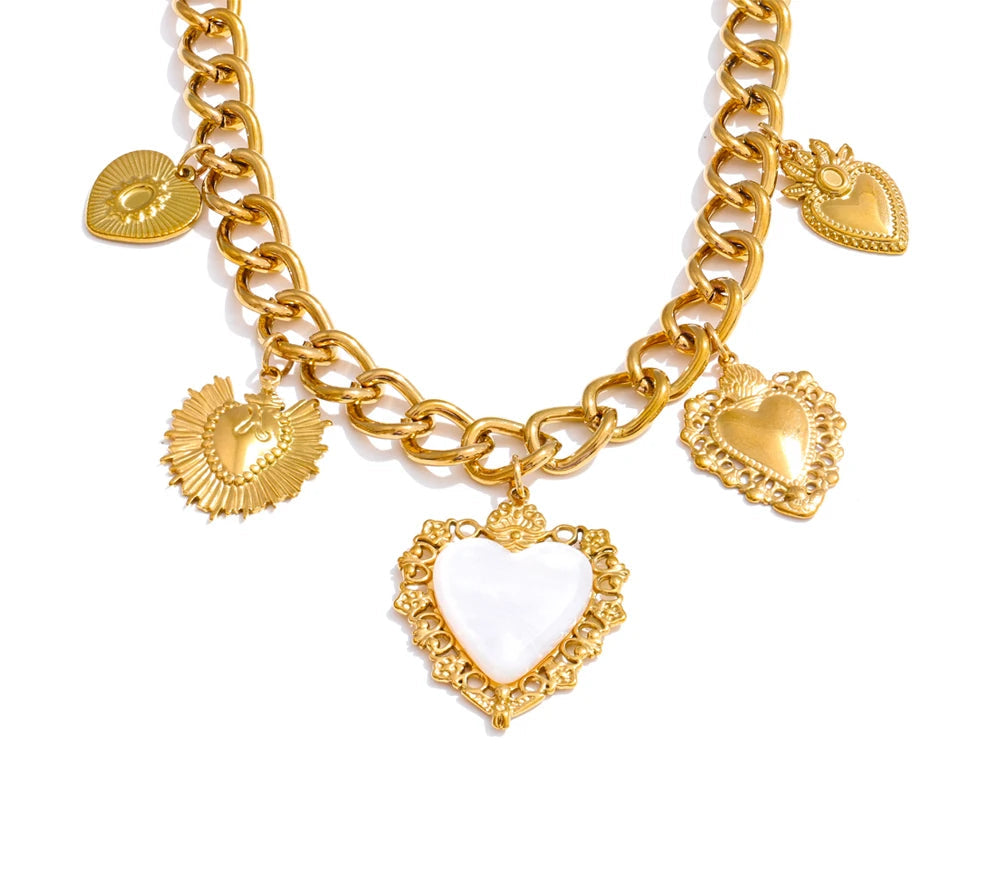 18K Golden Plated Stainless Steel Resin Heart Love Drop Necklace Cuban Chain Texture Charm Popular Jewelry 2025