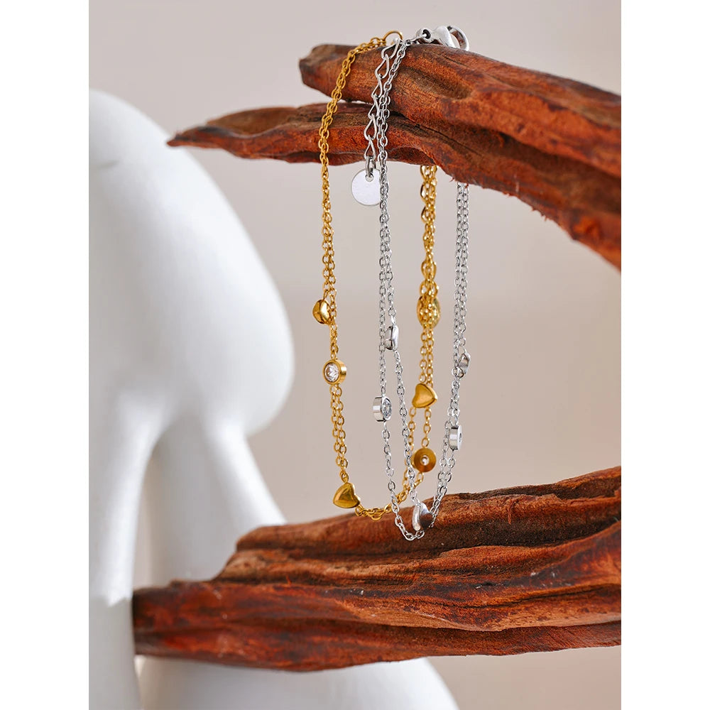 Delicate Chain Heart Zircon Double Layer Stacking Bracelet Bangle Chic Summer Stainless Steel Waterproof Jewelry Gift